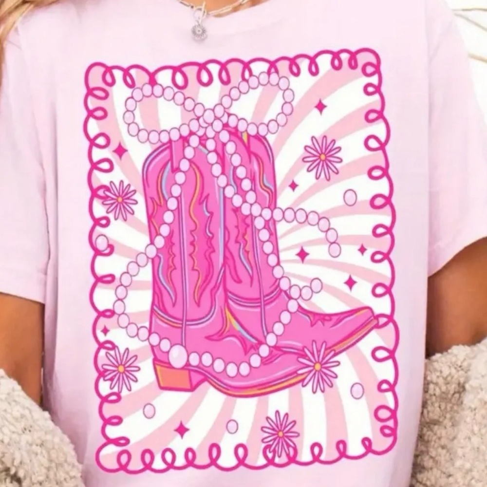 Pink Graphic T-Shirt with Boots Design